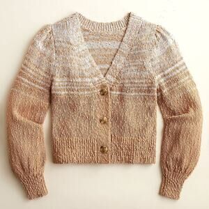 J.Crew Reversible Space Dyed Puff Sleeve Cardigan Sweater Sandy Beach Beige